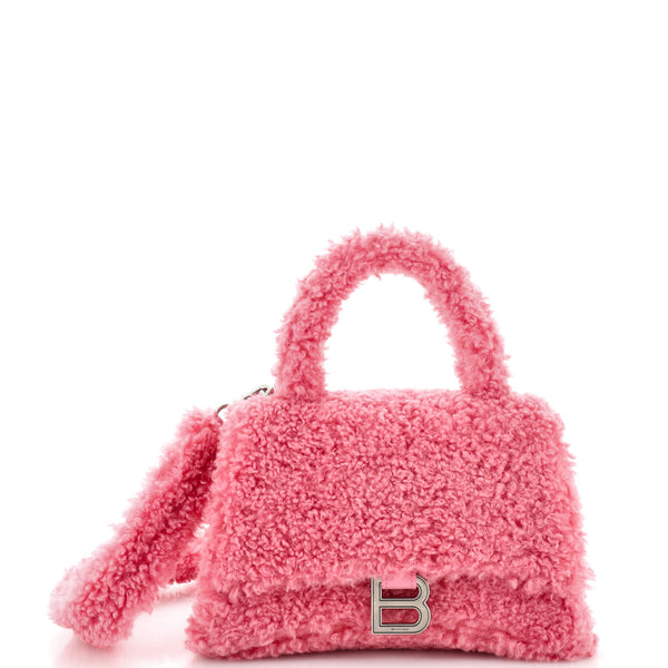 Balenciaga Fluffy Hourglass Top Handle Bag Faux Fur Medium Pink