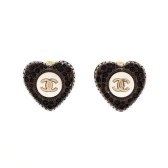 Chanel CC Heart Stud Earrings Metal with Faux Pearls and Crystals