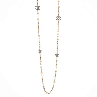 Chanel CC Station Long Necklace Metal with Faux Pearls and Crystals