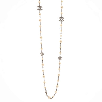 Chanel CC Station Long Necklace Metal with Faux Pearls and Crystals