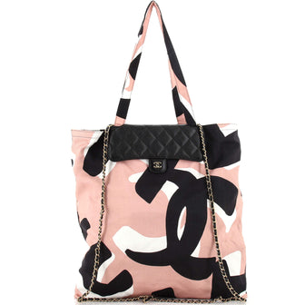 Chanel Foldable Tote Bag with Chain Quilted Caviar with Printed Nylon