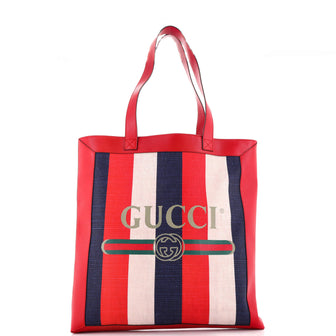 Gucci Logo Tote Striped Canvas and Leather Medium