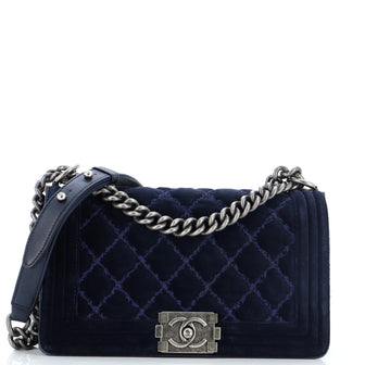 Chanel Boy Flap Bag Stitched Quilted Velvet Old Medium