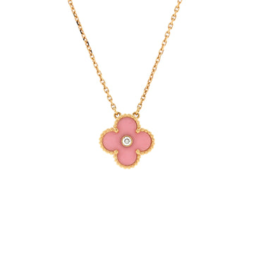 Van Cleef & Arpels Vintage Alhambra Pendant Necklace 18K Rose Gold and Pink Sevres Porcelain with Diamond