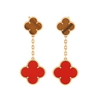 Van Cleef & Arpels Magic Alhambra 2 Motifs Drop Earrings 18K Yellow Gold with Tiger's Eye and Carnelian