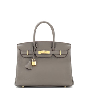 Hermes Birkin Handbag Grey Clemence with Gold Hardware 30
