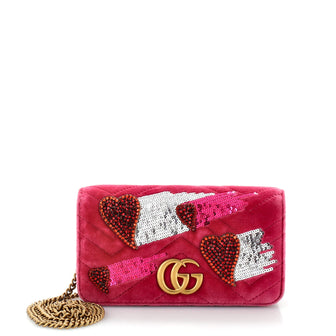Gucci GG Marmont Heart Chain Flap Bag Sequin Embellished Matelasse Velvet Mini