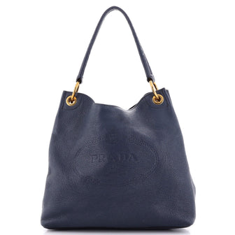 Prada Logo Hobo Embossed Vitello Daino Medium Blue 26103786
