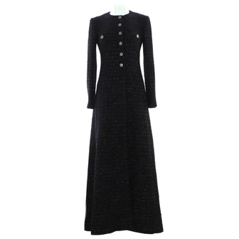 Chanel Women's Collarless Button Up Long Coat Tweed with Sequins