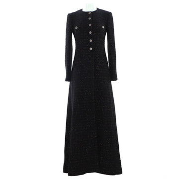 Chanel Women's Collarless Button Up Long Coat Tweed with Sequins