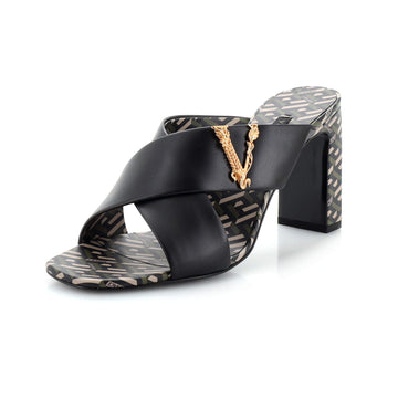 Versace Women's Virtus Heeled Sandals Leather with Greca Detail
