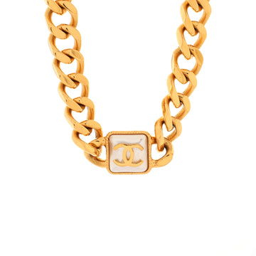 Chanel CC Dog Tag Choker Chain Link Necklace Metal with Faux Pearl