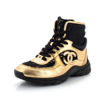 Chanel Women's CC High-Top Sneakers Leather with Tweed and Fabric