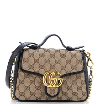 Gucci GG Marmont Top Handle Flap Bag Diagonal Quilted GG Canvas Mini