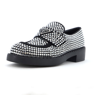 Prada Women's Triangle Logo Loafers Crystal Embellished Satin