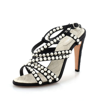 Chanel Women's Strappy Heeled Sandals Leather with Faux Pearls