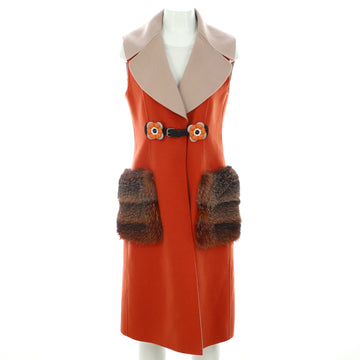 Fendi Women's Two Pocket Belted Sleeveless Coat Wool with Fur