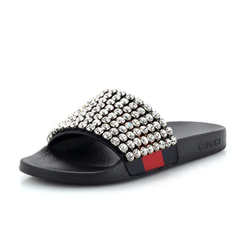Gucci Women's Web Slide Sandals Leather and Rubber with Crystals