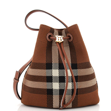 Burberry TB Drawstring Bucket Bag Check Knitted Fabric Small