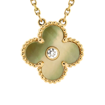 Van Cleef & Arpels Vintage Alhambra Pendant Necklace 18K Yellow Gold and Gold Mother of Pearl with Diamond