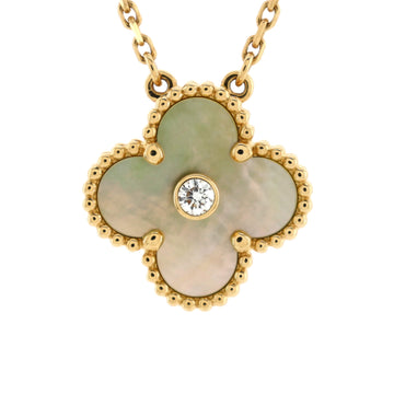 Van Cleef & Arpels Vintage Alhambra Pendant Necklace 18K Yellow Gold and Gold Mother of Pearl with Diamond
