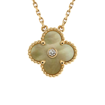 Van Cleef & Arpels Vintage Alhambra Pendant Necklace 18K Yellow Gold and Gold Mother of Pearl with Diamond