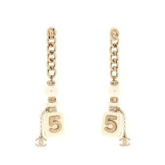 Chanel CC No.5 Perfume Bottle Chain Drop Earrings Metal and Resin with Faux Pearls and Crystals