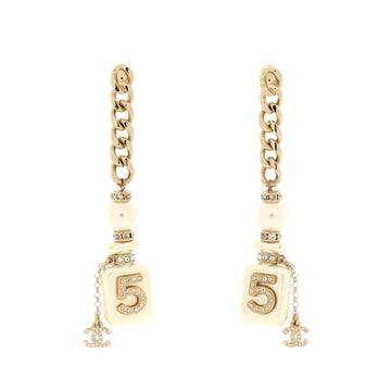 Chanel CC No.5 Perfume Bottle Chain Drop Earrings Metal and Resin with Faux Pearls and Crystals