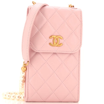 Chanel Pearl Strap Phone Holder Crossbody Bag Quilted Lambskin