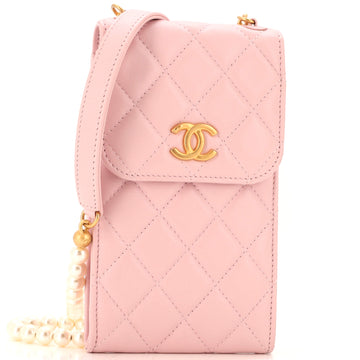 Chanel Pearl Strap Phone Holder Crossbody Bag Quilted Lambskin