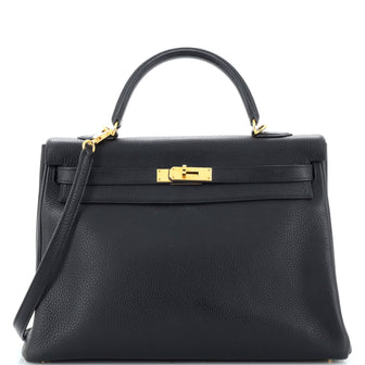 Hermes Kelly Handbag Black Clemence with Gold Hardware 35
