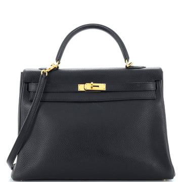 Hermes Kelly Handbag Black Clemence with Gold Hardware 35