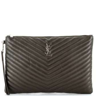 Saint Laurent Classic Monogram Wristlet Pouch Matelasse Chevron Leather Large