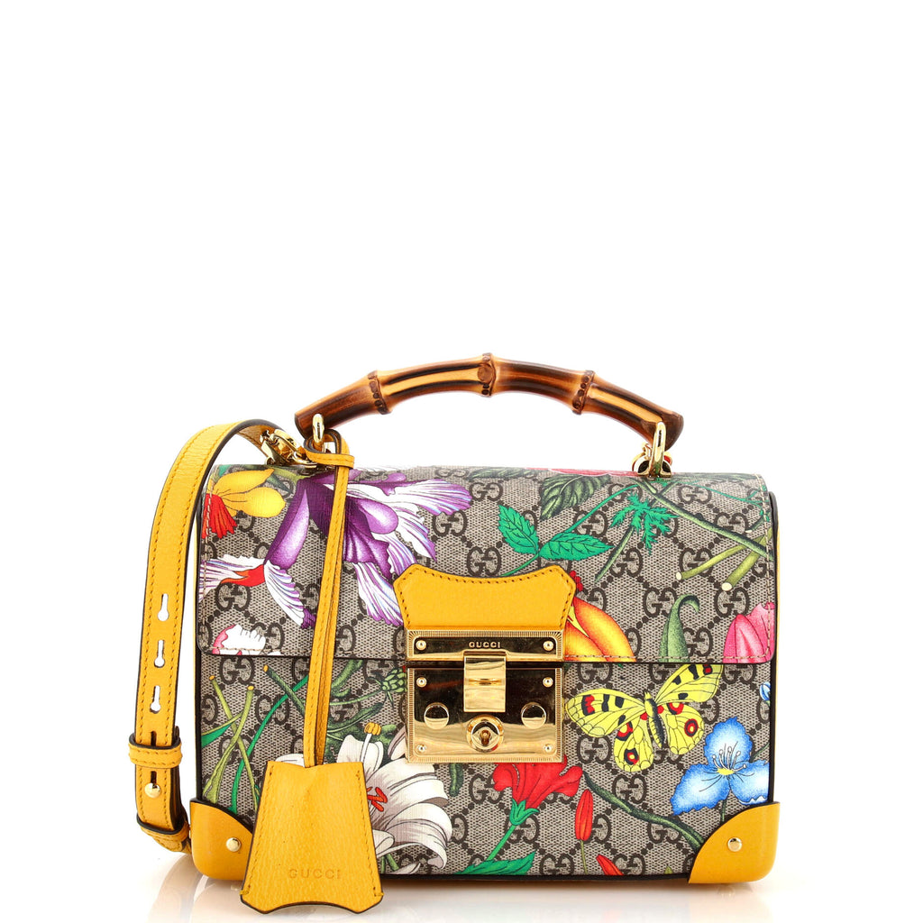 Gucci Padlock Bamboo Shoulder Bag Flora GG Coated Canvas Small