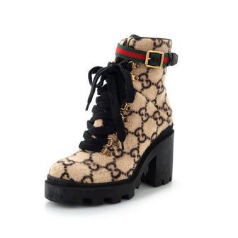 Gucci Women's Heeled Lace Up Combat Ankle Boots GG Wool