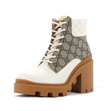 Gucci Women's Lace Up Heeled Ankle Boots GG Coated Canvas with Quilted Leather