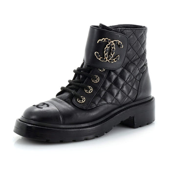 Chanel Women's Chain CC Cap Toe Lace Up Combat Boots Quilted Leather