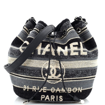 Chanel Deauville Drawstring Bucket Bag Canvas with Striped Detail Medium
