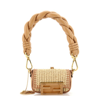 Fendi Chain Baguette Charm Bag Raffia and Leather Nano