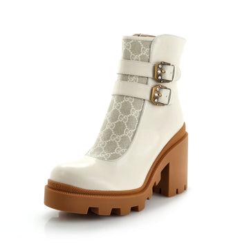 Gucci Women's Double Buckle Lug Sole Ankle Boots Leather with GG Coated Canvas