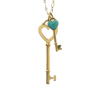 Tiffany & Co. Double Heart Key Pendant Necklace 18K Yellow Gold with Enamel