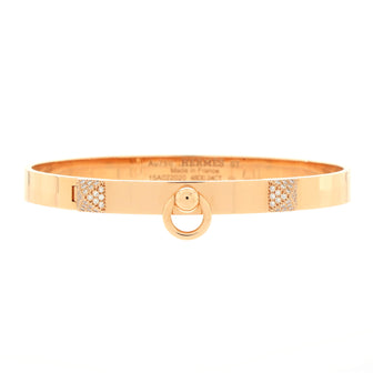 Hermes Collier de Chien Bracelet 18K Rose Gold with Pave Diamond Studs PM