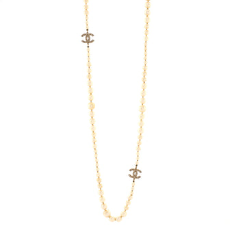 Chanel CC Long Necklace Faux Pearls and Crystal Embellished Metal