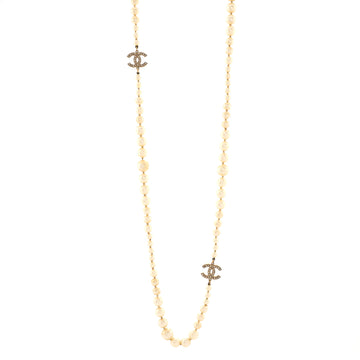 Chanel CC Long Necklace Faux Pearls and Crystal Embellished Metal
