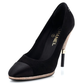 Chanel Women's CC Cap Toe Logo Heel Pumps Suede with Satin and Embossed Leather