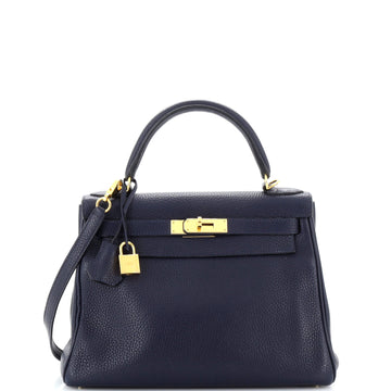 Hermes Kelly Handbag Blue Clemence with Gold Hardware 28