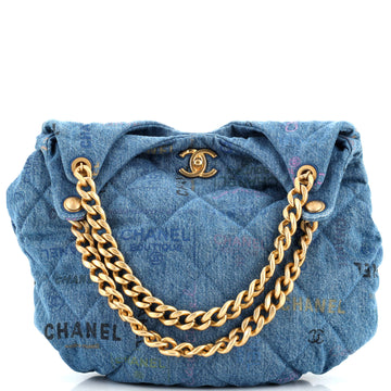 Chanel Denim Mood Hobo Logo Printed Quilted Denim Maxi