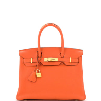 Hermes Birkin Handbag Orange Clemence with Gold Hardware 30