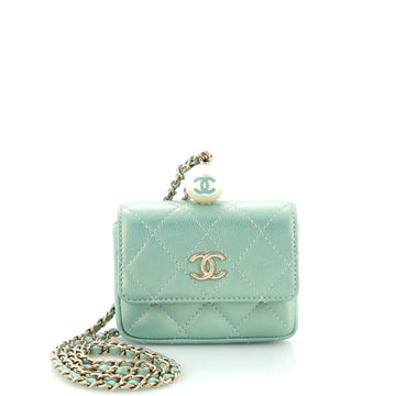 Chanel CC Pearl Coin Card Holder with Chain Quilted Iridescent Caviar
