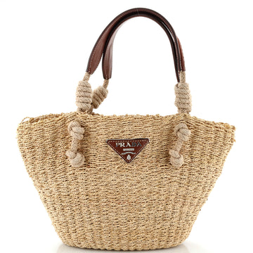 Prada Knotted Basket Tote Woven Raffia with Leather Small